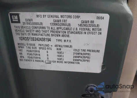 2004 Chevrolet Trailblazer Ls z USA, uszkodzony, nr VIN 1GNDS13S242438194